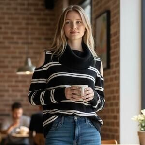 Hooked Up by I.O.T Womens Sweater Large Black White Striped Cold Shoulder Flaw